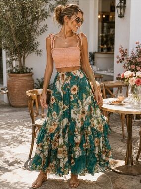 Amber Sky Whimsigoth Floral Ruffle Maxi Skirt | Ethereal Fairy Grunge XS NWT